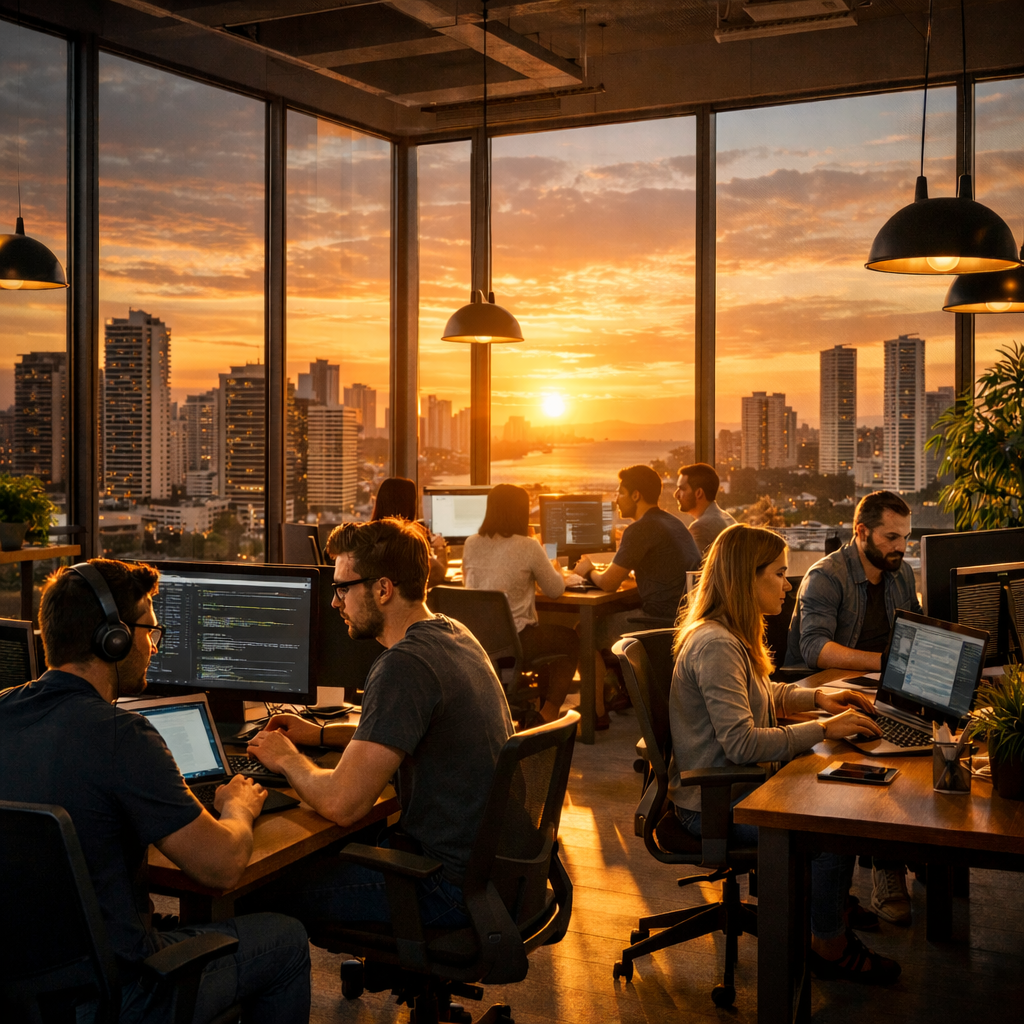 Time de tecnologia trabalhando no coworking